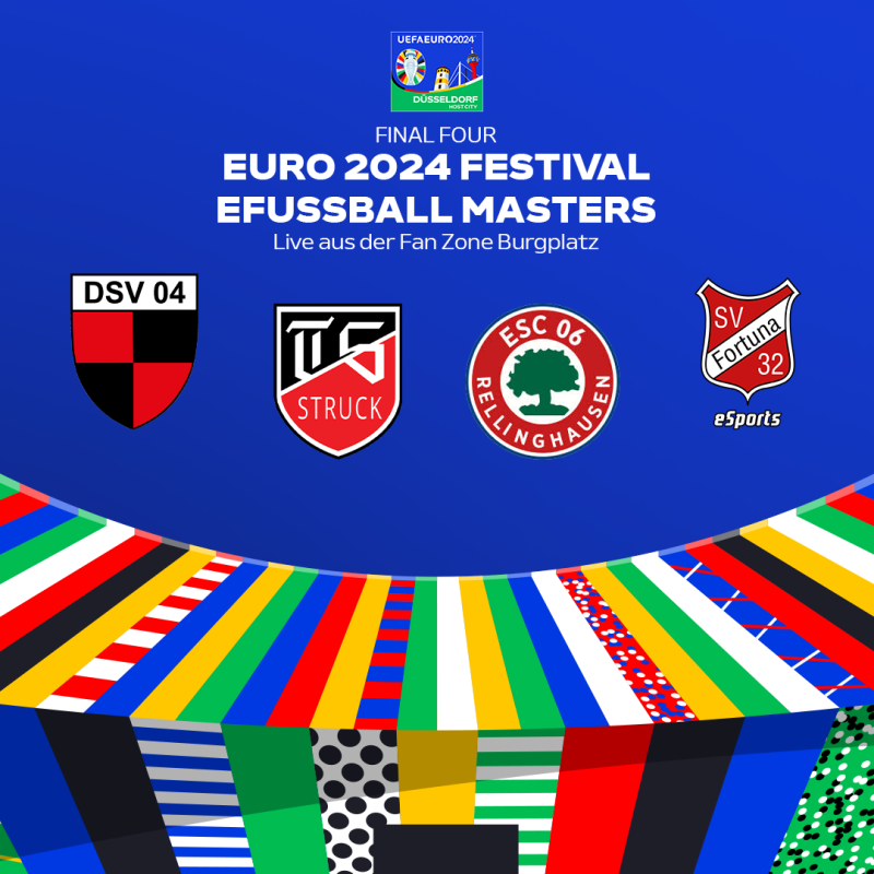 Die Teams für das Final Four des EURO 2024 Festival eFussball Masters. Gezeigt werden die Logos vom DSV 04 Lierenfeld, dem TS Struck, dem ESC Rellinghausen und Fortuna Bottrop